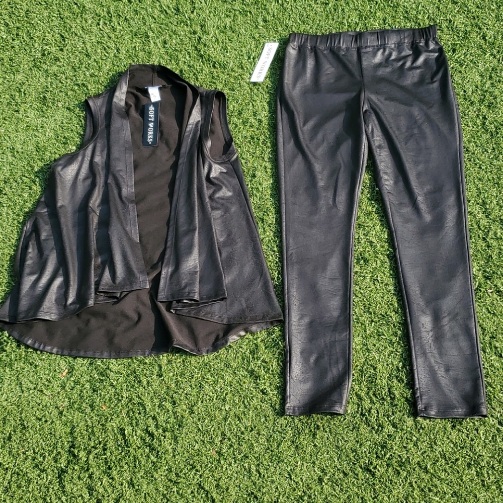 NWOT Soft Works Black Faux Leather Vest & Pants M